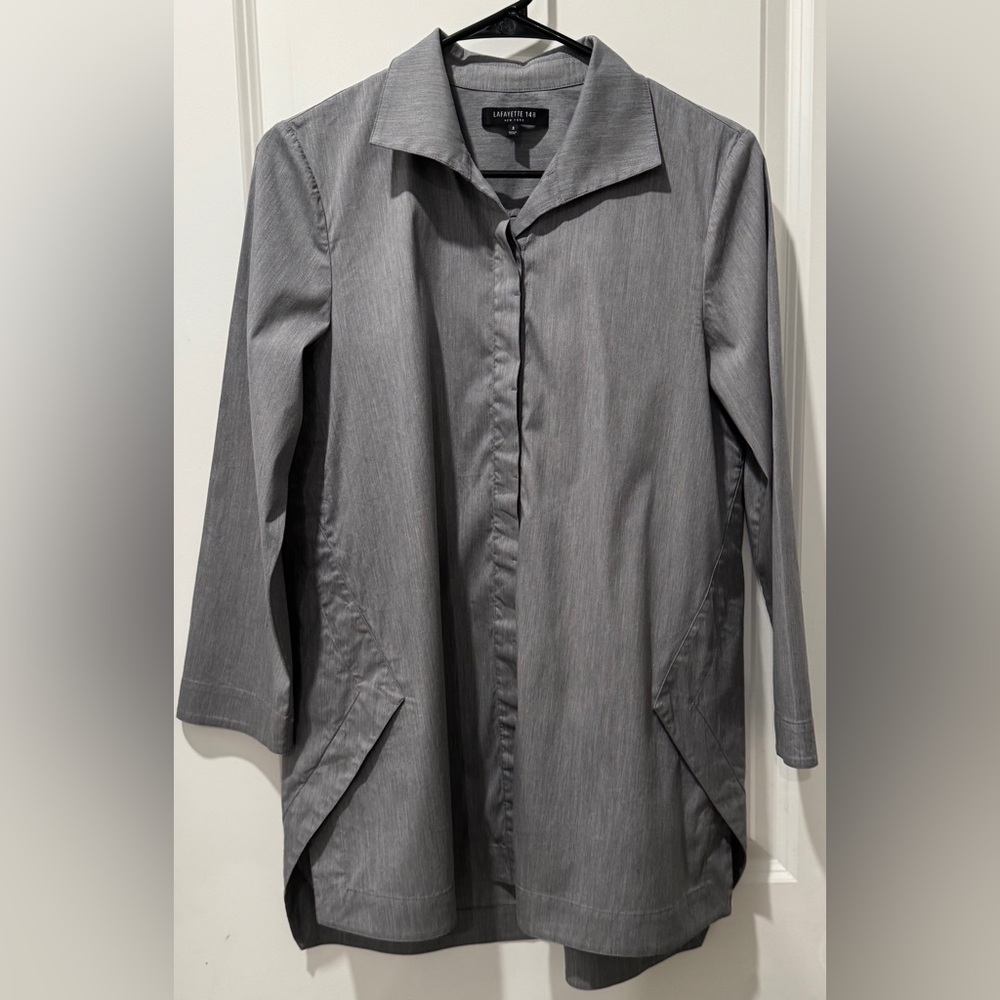 Lafayette 148 Gray Asymmetrical Stretch Cotton Tunic Blouse Size S - Picture 3 of 14
